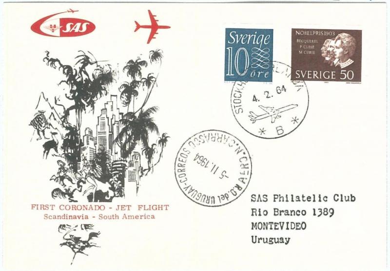 72154 - Postal History - FIRST FLIGHT: SWEDEN to South America via URUGUAY !