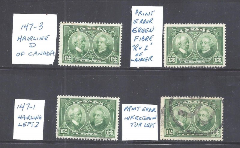 Canada #147 USED REICH/BILLIGS CONSTANT PLATE FLAWS AND PRINT ERRORS BS25298