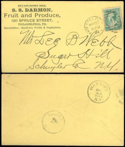 1888 Philadelphia, S. S. DARMON FRUIT & PRODUCE Corner Card Advertising Cover!