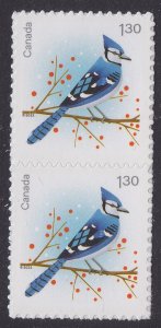 Canada 3366 Christmas Holiday Birds Blue Jay $1.30 vert pair MNH 2022