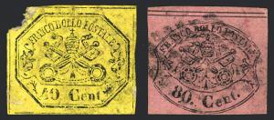 Roman States #17 Yellow & #18 Rose 1867  Imperfs Used Glazed Paper Rare Stamps