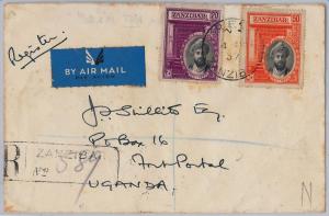 ZANZIBAR  -  POSTAL HISTORY - SG 324 + 326 on registered COVER to UGANDA - 1937