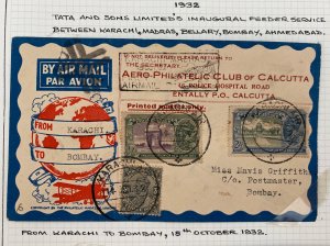 1932 Karachi India First Flight Airmail Cover to Bombay TATA Airways Map Cap