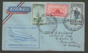 New Zealand 1951 First Officila Direct Ait mail Christchurch - Melbourne