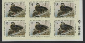 JDS6 Junior Federal Duck Stamp. Plate Number Block Of 6. MNH. OG.  #02 JDS6PB6BR