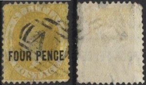 Saint Lucia 24 (used) 4p Victoria, yellow, ovptd “FOUR PENCE” (1883)