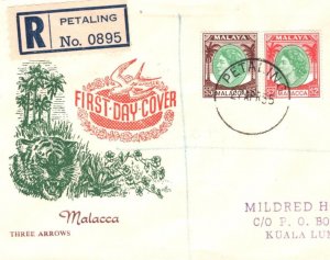 Malaya MALACCA 1955 FDC *Petaling* QEII HIGH VALUES $5 $2 First Day Cover MA1131