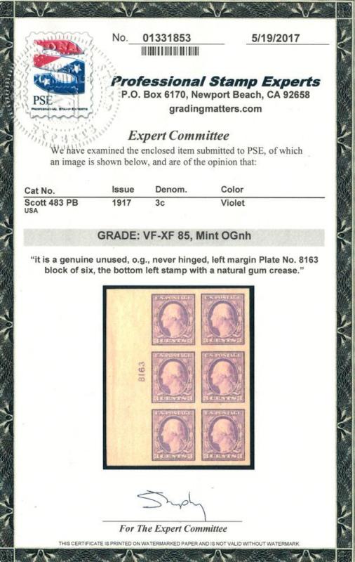 483 VF/XF OG NH, UNIQUE NUMBER, w/PSE (GRADED 85 (0..MORE.. gg0918