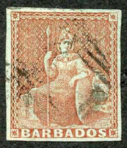 BARBADOS SG5 1852 4d Brownish Red on Blued Paper Four Margins Cat 275