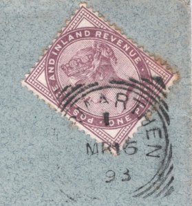 GB WALES QV Cover *CARMARTHEN* Squared Circle Forest Gate 1d Lilac 1893 YB164