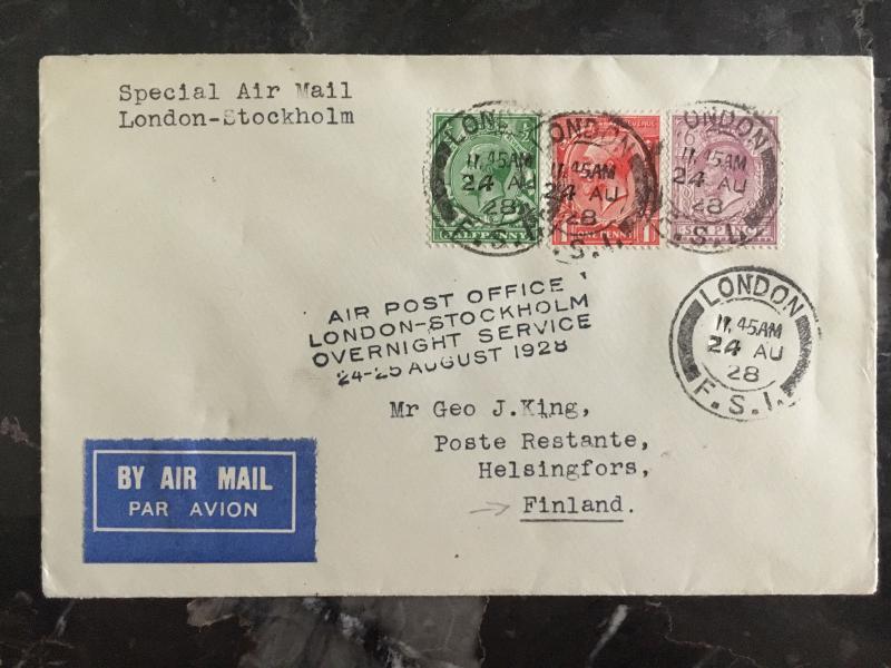 1928 London England First Flight Cover to Helsinki Finland Overnight Airmail FFC