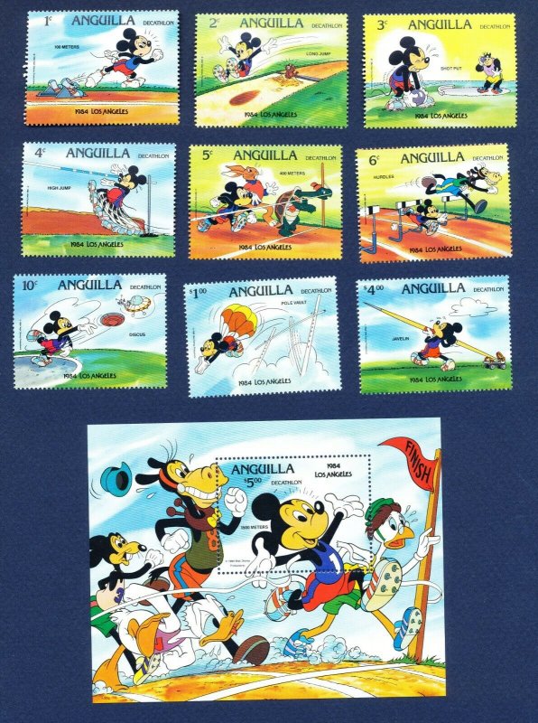 ANGUILLA - # 559-568 & 559a-567a - VF MNH - Disney Olympics + Rings - 1984