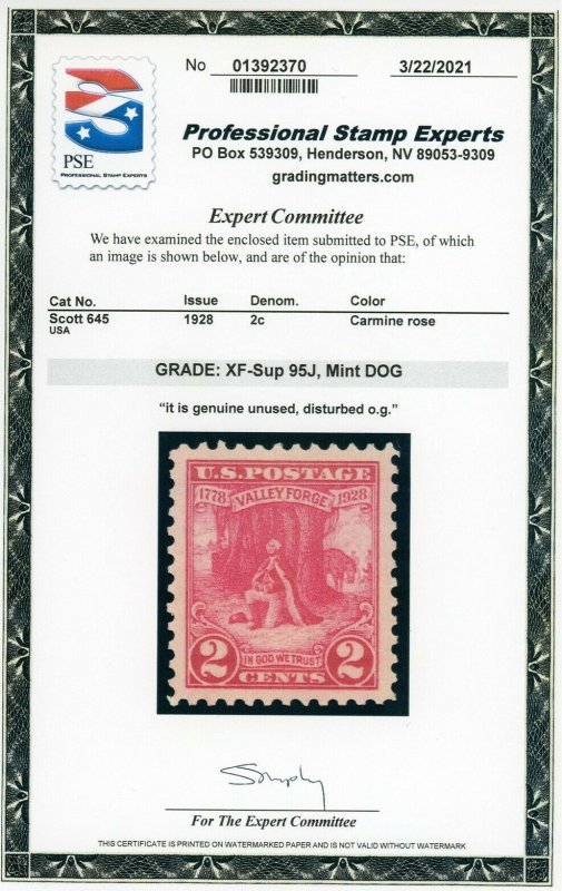 US Stamp #645 Valley Forge 2c - PSE CERT - XF-SUP 95 J - DOG - SMQ $95.00 