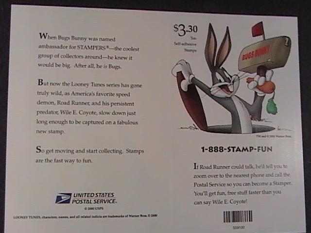 U.S.# 3392-MNH-PANE 10--LOONEY TUNES/ROAD RUNNER--IMPERF SINGLE VARIETY--2000