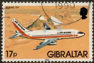 Gibraltar 424 - Used - 17p Boeing 737 (1982) (cv $0.90)