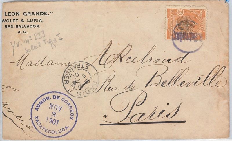 51072 -  EL SALVADOR -  POSTAL HISTORY - COVER  from Zacatecoluca to FRANCE 1901