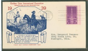 US 852 1939 3c Golden Gate international exposition (single) on an addressed (typed) fdc with a Cal-craft cachet.