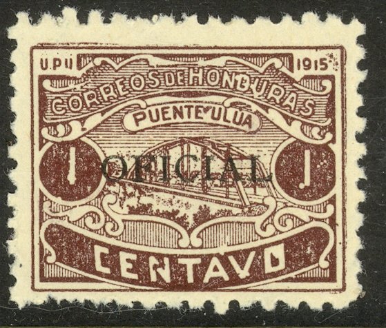 HONDURAS 1915-16 1c Ulua Bridge OFFICIAL Sc O58 Variety BROKEN CENTAVO MH