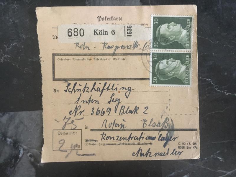 1943 Koln Germany KZ to France Natzweiler Concentration Parcel Receipt Cover