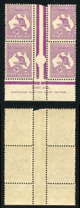 Australia SG133 9d Violet Kangaroo Wmk C of A John Ash BLOCK U/M (lightly toned)