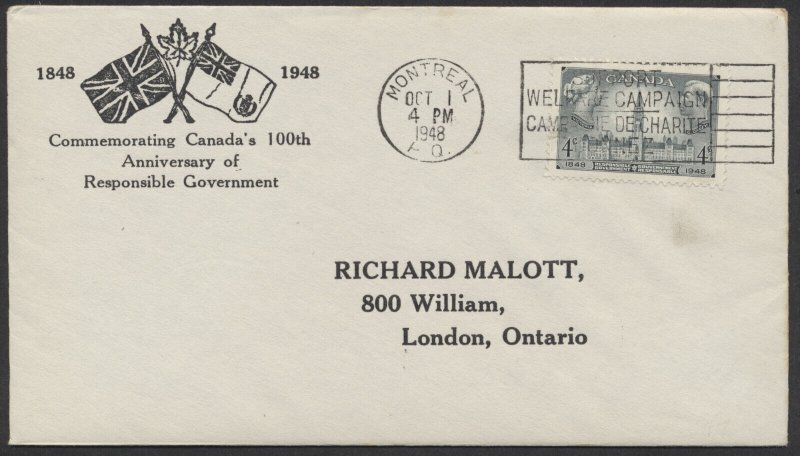 1948 #277 Responsible Gov't FDC Malott Patriotic Cachet Montreal Slogan