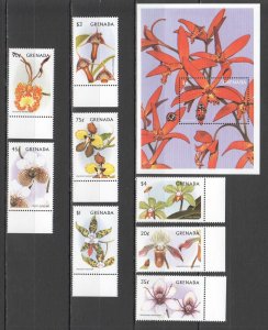 M0213 Grenada Flowers Insects Orchids Flora & Fauna Nature Set+Bl Mnh