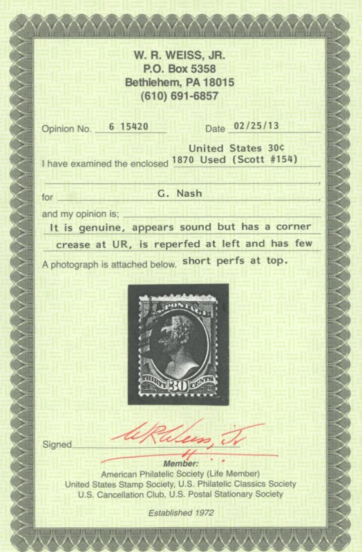 U.S. #154 USED WITH WEISS CERT