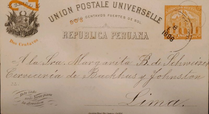 O) 1898 PERU, ERROR POSTAL STATIONERY, POST AND TELEGRAPH BUILDING, 2c, C