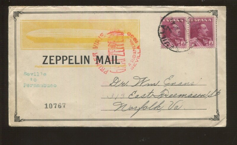 1930 Spain to Norfolk VA Zeppelin #343 Pair Postal Cover