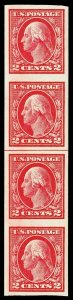 Scott 409V 1912 2c Washington Imperf Coil Line Strip of 4 Mint VF NH Cat $26