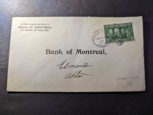 1927 Canada Cover Three Hill to Edmonton Alberta Bank of Montreal