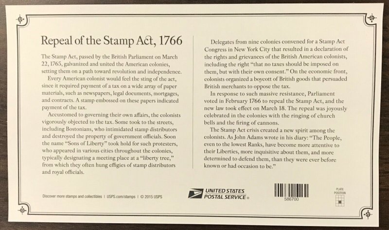 5064   Repeal of Stamp Act, 1766   MNH Forever sheet of 10    FV $5.50   In 2016