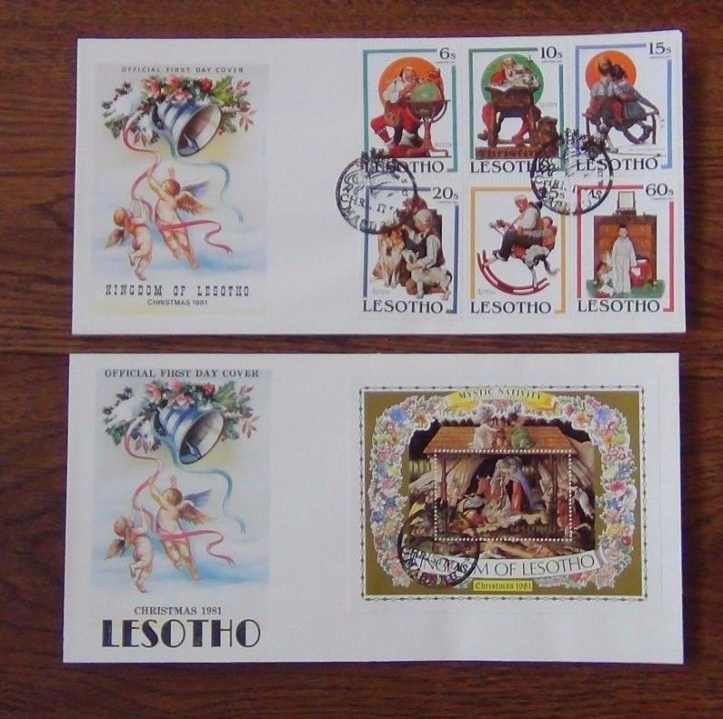 Lesotho 7 x FDC 1981 Xmas 1982 Scouts World Cup sets and Miniature sheets FDC 