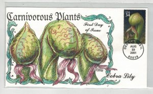 2001 COLLINS HANDPAINTED FDC CARNIVOROUS PLANTS COBRA LILY