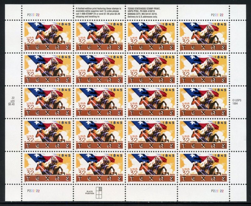 UNITED STATES SCOTT #2968 TEXAS COMPLETE SHEET (20) MINT NH