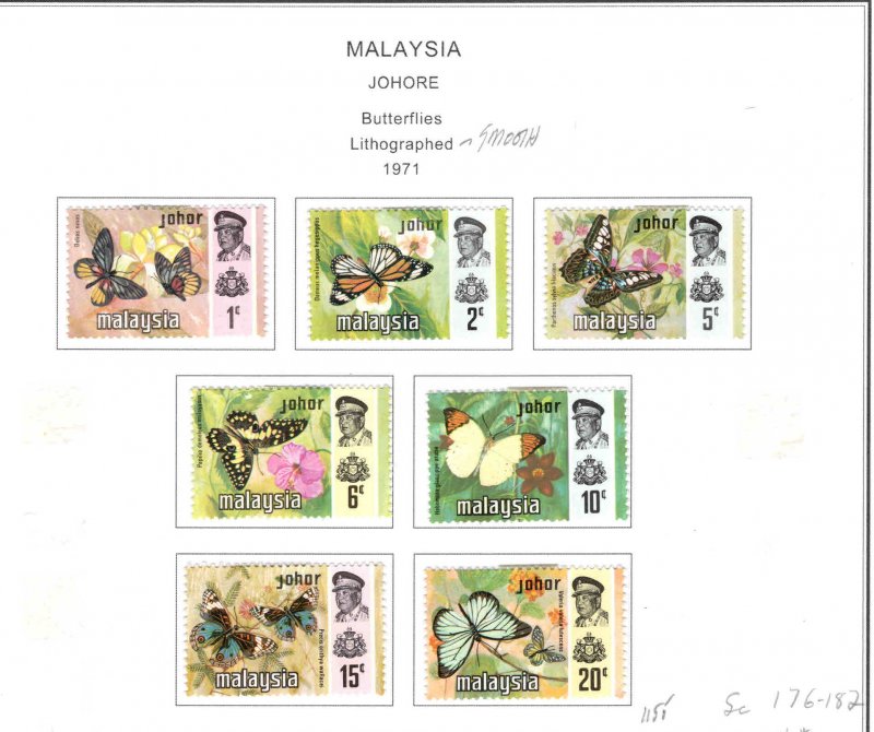 MALAYSIA Johor Scott 176-182 MH* Butterfly set