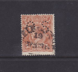 Australia Stamps: Official Perfins: #OB36; OS (8½mm); 5p 1914 KGV Issue