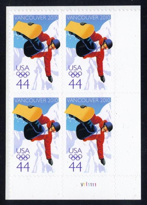 US #4436 Olympic Snowboarder Plate # Block of 4; MNH (4.00)