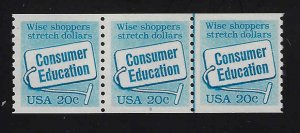 U.S. #2005 MNH; 20c Consumer Education - Line Coil strip of 3 (PNC3 #3) (1982)