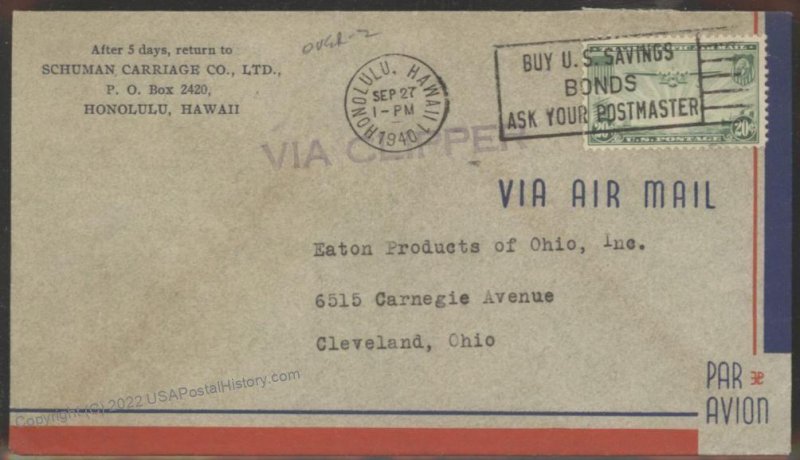 Hawaii USA 1940 WWII Honolulu Territorial Airmail Cover 109188