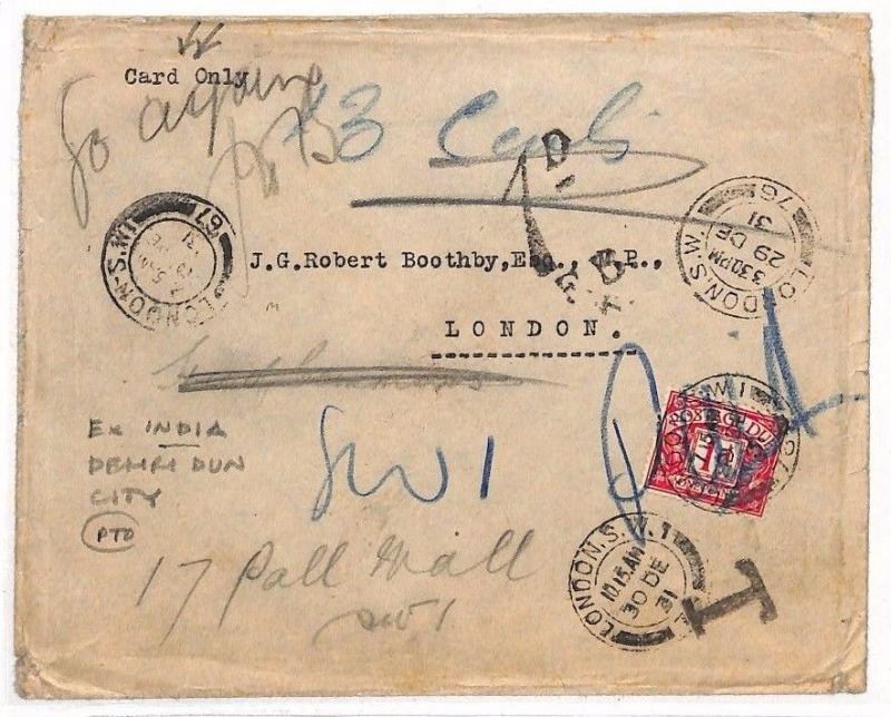 AS156 1931 INDIA Dehri Dun City Unpaid E *Card Only* GB London 1d Postage due