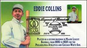 AO 3408B, 2000, Legends of Baseball, FDC, Add On Cachet, Eddie Collins, SC 3408b