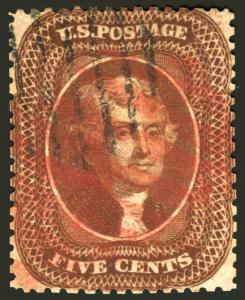 Classic US #30a 5c Brown 1860 VF-XF Used with Part Magenta Cancel