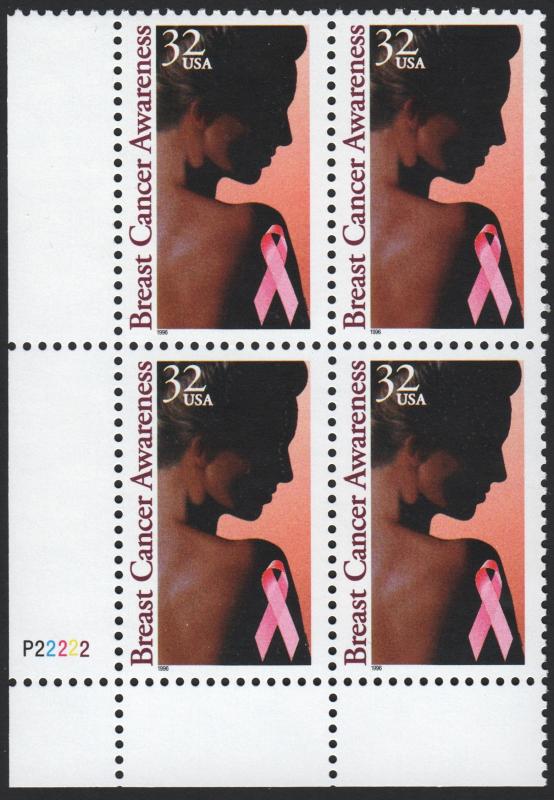 SC#3081 32¢ Breast Cancer Awareness Plate Block: LL #P22222 (1996) MNH