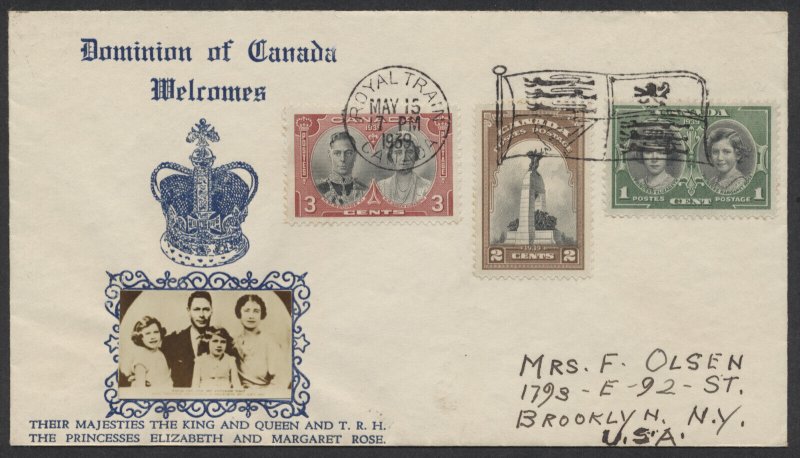 1939 #246-248  Royal Visit FDC Crosby Royal Family Photo Cachet Royal Train Flag