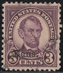 Scott # 661  Lot E961  3c Lincoln Kansas Overprint  violet   Used