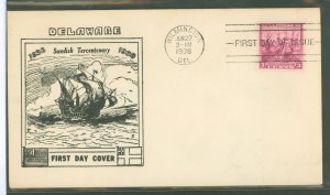 US 836 1938 3c Landing of the Swedes & Finns in Delaware on an unaddressed FDC with an unknow cachet