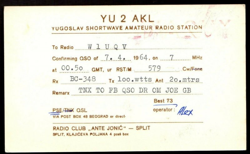 QSL Radio Card Yugoslavia-Split,Drawing From The End of 18th Century, (Q3382)