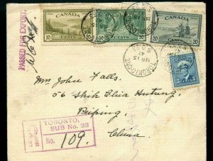 to CHINA, 75cent airmail rate+ 10c reg fee PEACE issue cover Canada