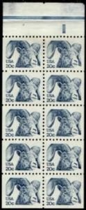US Stamp #1949a MNH Booklet Pane of 10 Big Horn Ram w/ Tab Plate #10